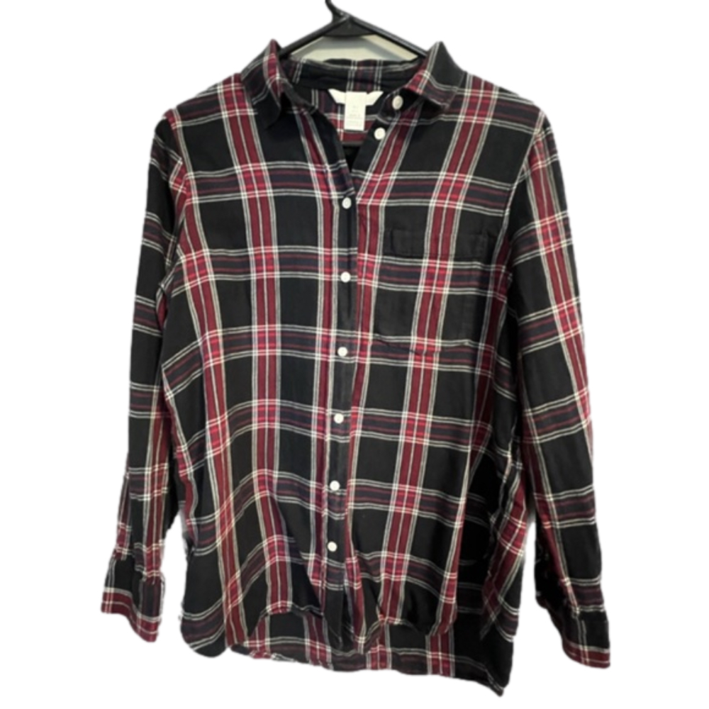 H&M women’s plaid black purple button down collar shirt M